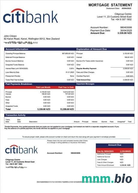 Nowa Zelandia Citibank New Zealand wyciąg z kredytu hipotecznego szablon Word i PDF